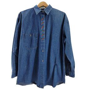 VTG Denim Shirt Women's L Blue Jean Embroidered Arrows Fletching Long Sleeve